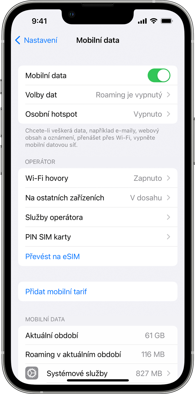 Obrazovka iPhonu zobrazující nastavení mobilních dat