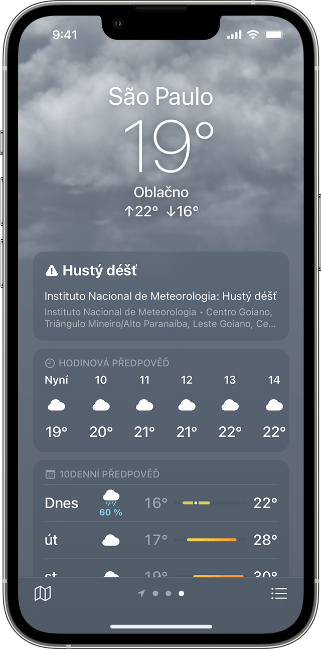 iPhone zobrazující meteorologické varování v aplikaci Počasí.
