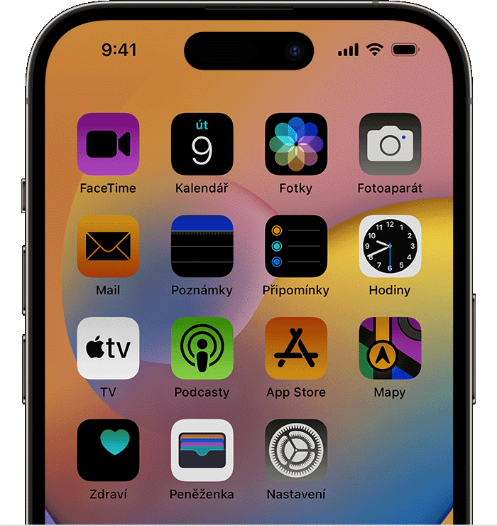 Částečná obrazovka iPhonu zobrazující několik výchozích aplikací.