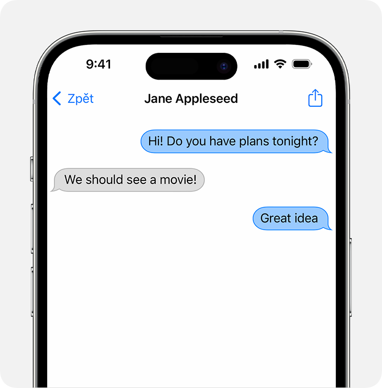 Obrazovka iPhonu zobrazující přepis hovoru