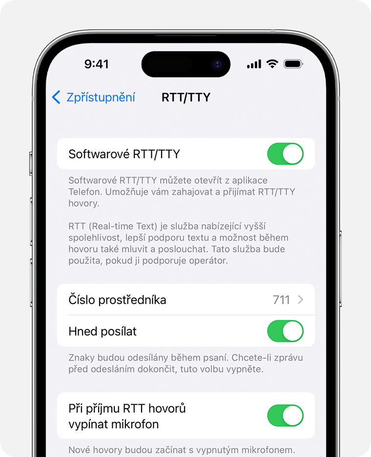 Obrazovka iPhonu se zapnutým RTT/TTY