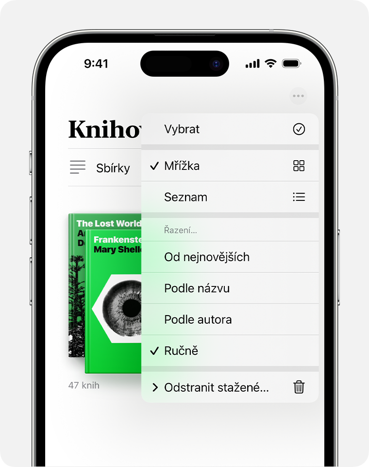 Obrazovka iPhonu zobrazující možnosti uspořádání aplikace Knihy 