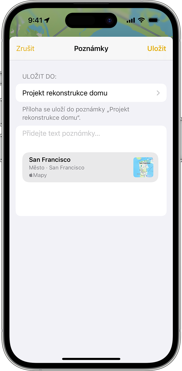 iPhone znázorňující, jak v aplikaci Poznámky přidat přílohu.