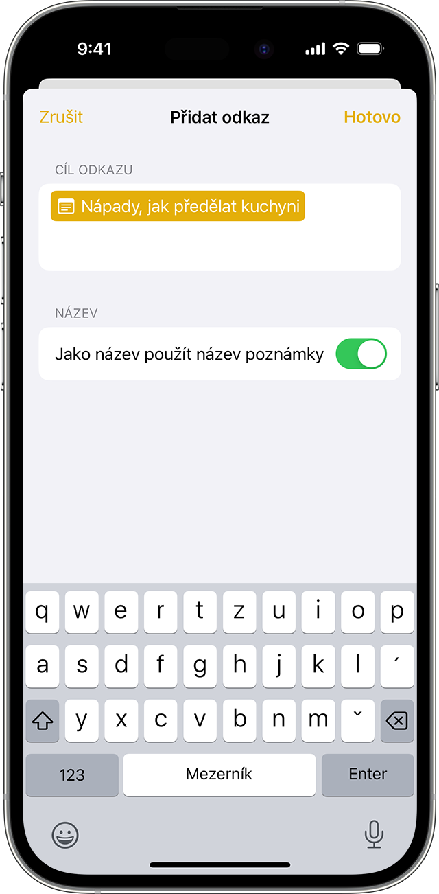 Možnosti přidání odkazu do poznámky na iPhonu s iOS 17 nebo novějším.
