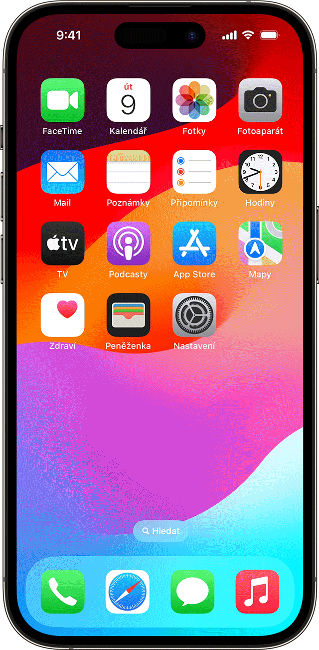 Obrazovka iPhonu ukazující vyhledávání přejetím prstem