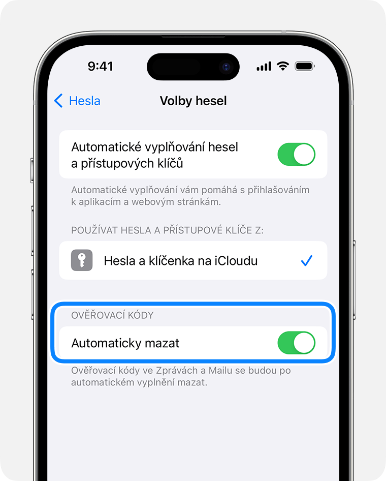 V systému iOS 17 a novějším může aplikace Zprávy po použití kódu pro ověření hesla automaticky mazat zprávy, které kód obsahují. 