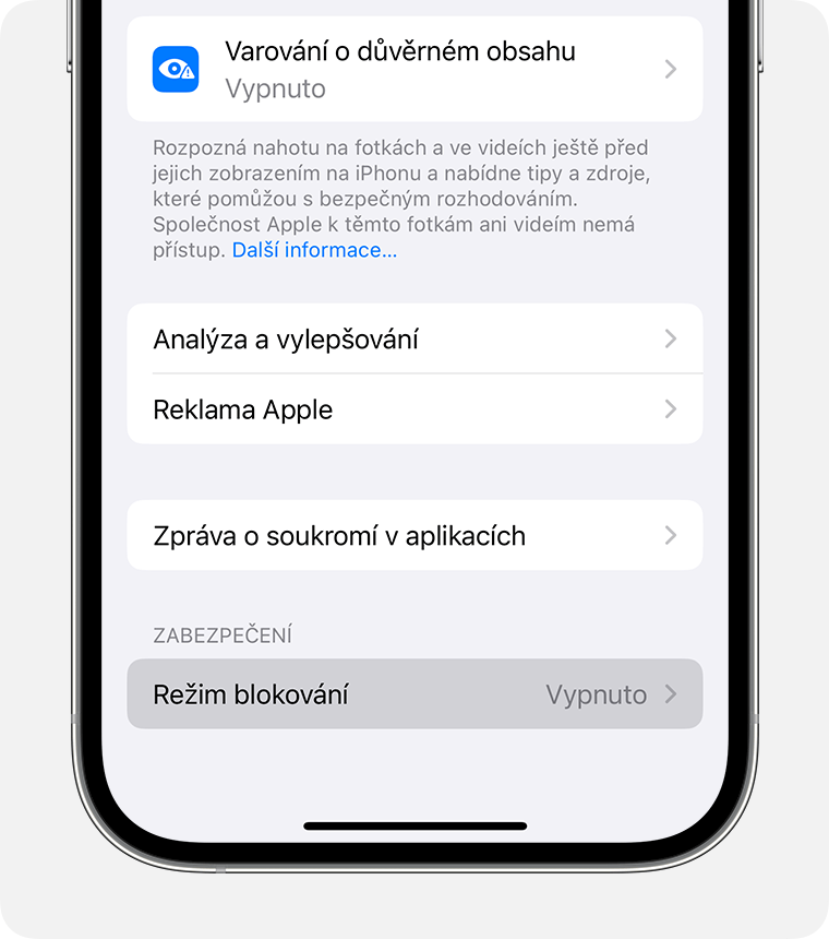 V nastavení Soukromí a zabezpečení na iPhonu zapněte režim blokování.