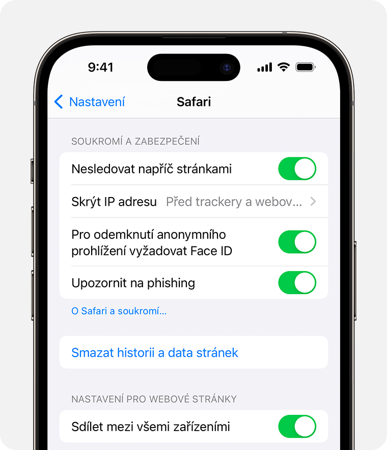 V nastaveních Safari můžete pro odemknutí anonymního prohlížení vyžadovat Face ID.