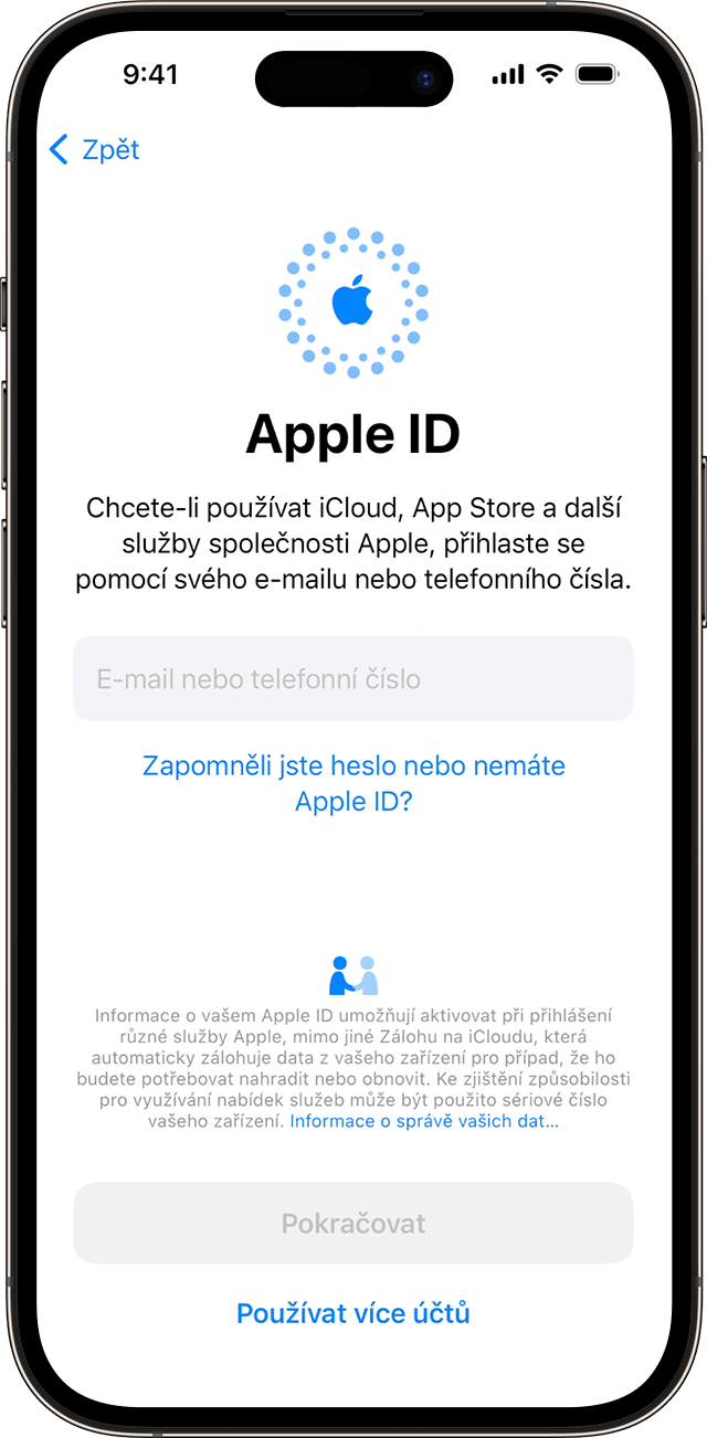 Pomocí své e-mailové adresy nebo telefonního čísla se během procesu nastavení iPhonu v iOS 17 přihlaste zadáním svého Apple ID.