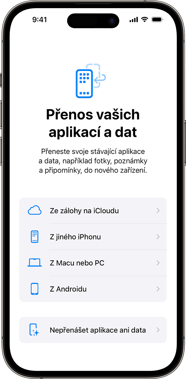 Možnosti nabídky Přenos vašich aplikací a dat při nastavování iPhonu v iOS 17