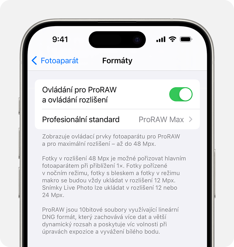 V iOS 17 můžete nastavit rozlišení ProRAW na 12 MP nebo 48 MP.