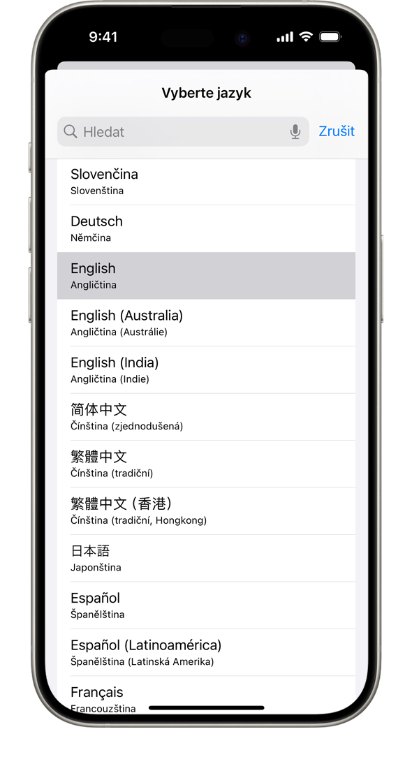 iPhone zobrazující seznam dostupných systémových jazyků se zvýrazněnou francouzštinou.