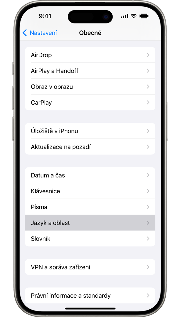 iPhone zobrazující nabídku Obecné se zvýrazněnou volbou Jazyk a oblast.