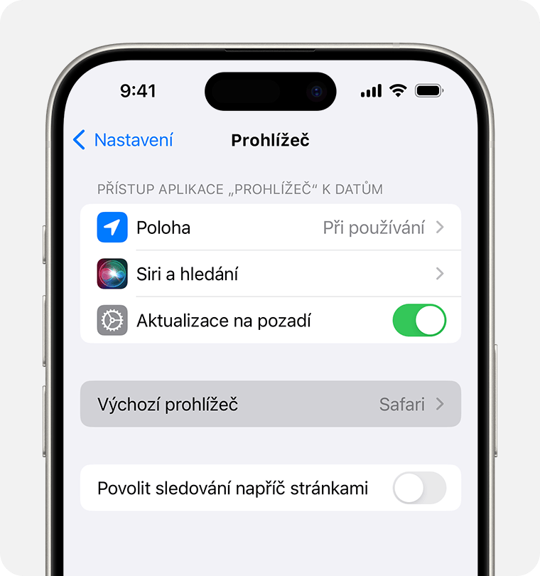 Obrazovka iPhonu ukazující možnost nastavit výchozí prohlížeč