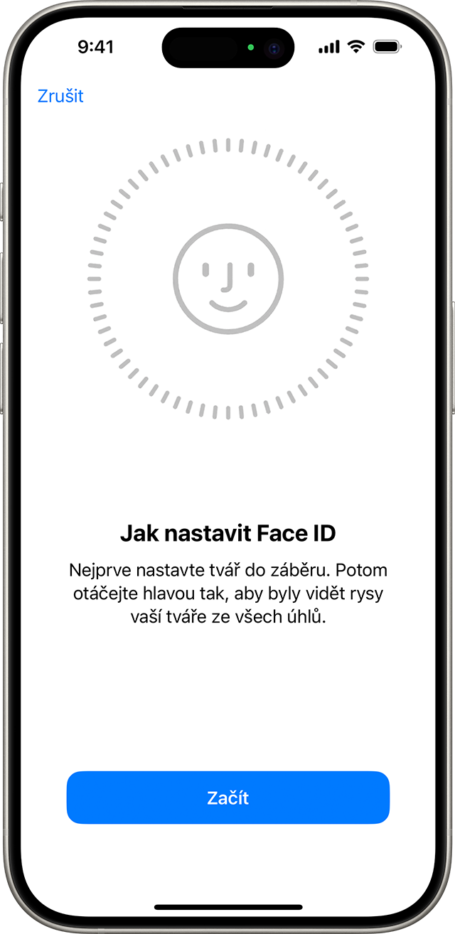Začátek procesu nastavování Face ID