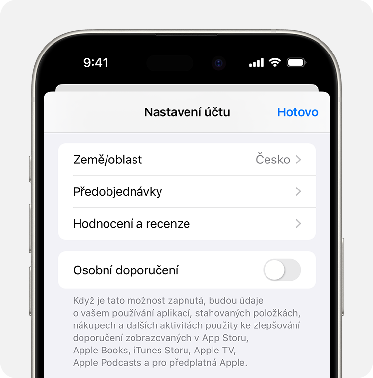 iPhone zobrazující Předobjednávky v Nastavení účtu