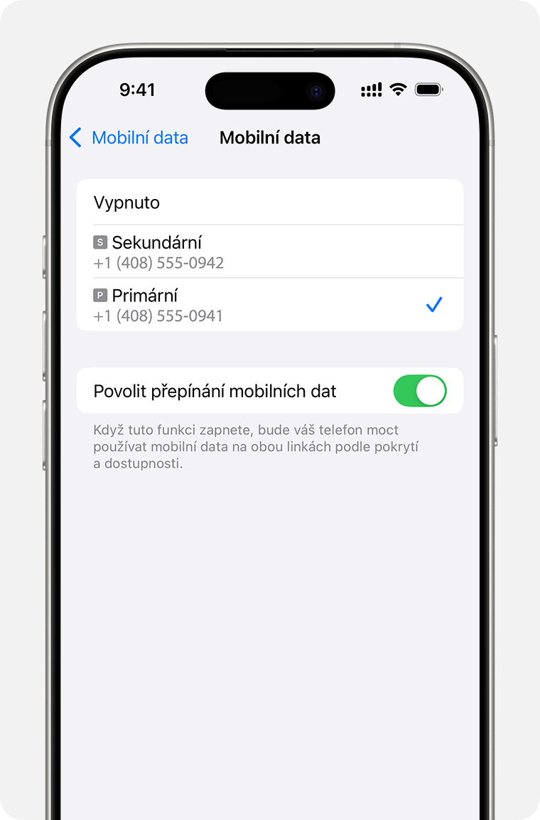 Nastavení, které číslo používá mobilní data, nebo zapnutí Povolit přepínání mobilních dat při nastavení mobilních dat na iPhonu.