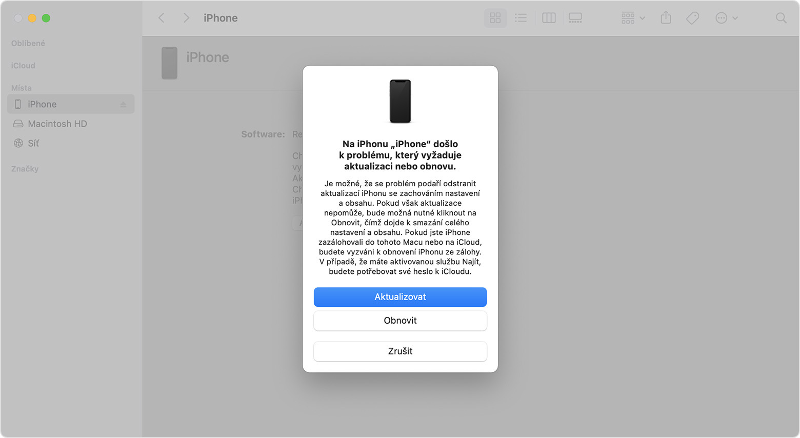 Okno Finderu na Macu s nabídkou obnovení nebo aktualizace iPhonu