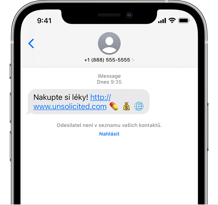 iPhone zobrazující možnost nahlásit iMessage jako spam