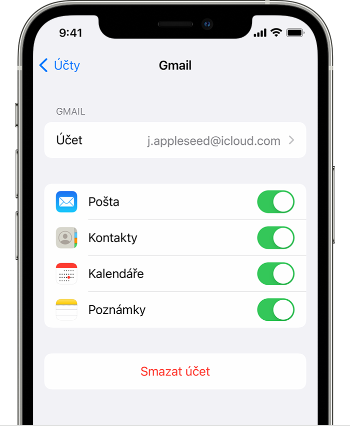 iPhone zobrazující nastavení pro připojený účet Gmailu v části Nastavení > Pošta > Účty > Gmail.