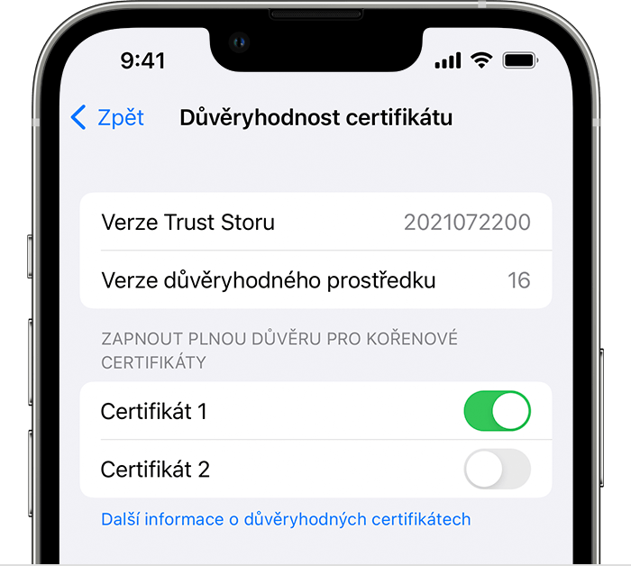Nastavení důvěryhodnosti certifikátu na iPhonu
