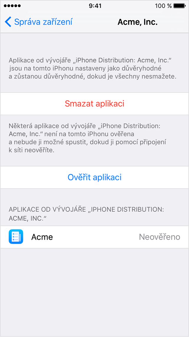  Obrazovka iPhonu zobrazující výzvu k ověření, že by měla být Podniková aplikace důvěryhodná