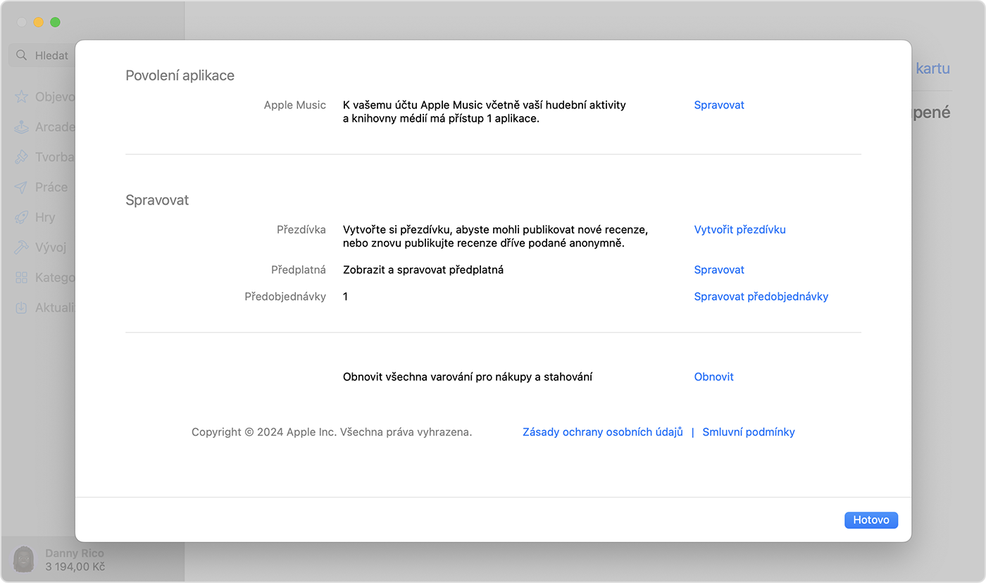 App Store na Macu zobrazující Předobjednávky v Nastavení účtu