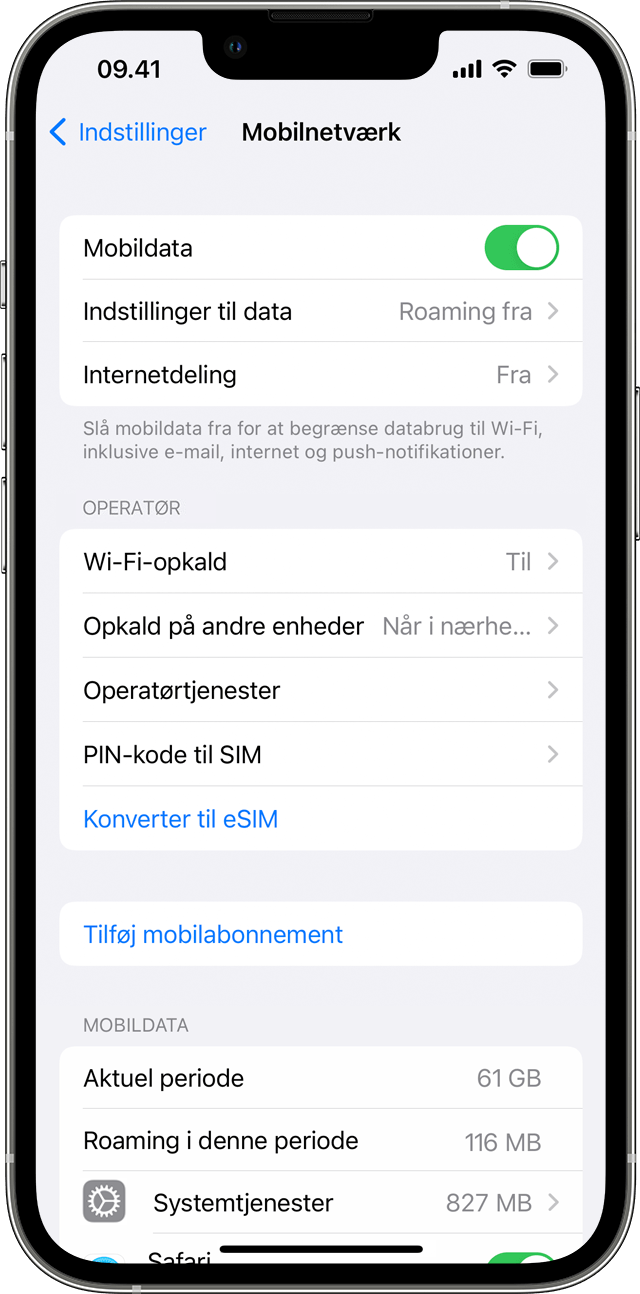 En iPhone-skærm, der viser indstillinger for mobildata
