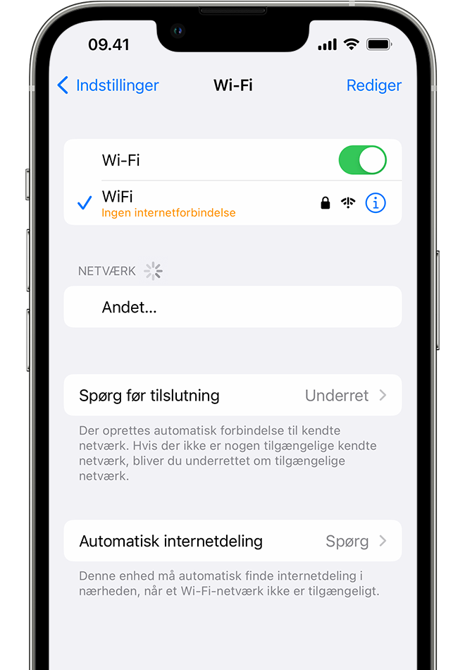En iPhone, der viser Wi-Fi-skærmen. Der vises en advarsel under Wi-Fi-netværkets navn.