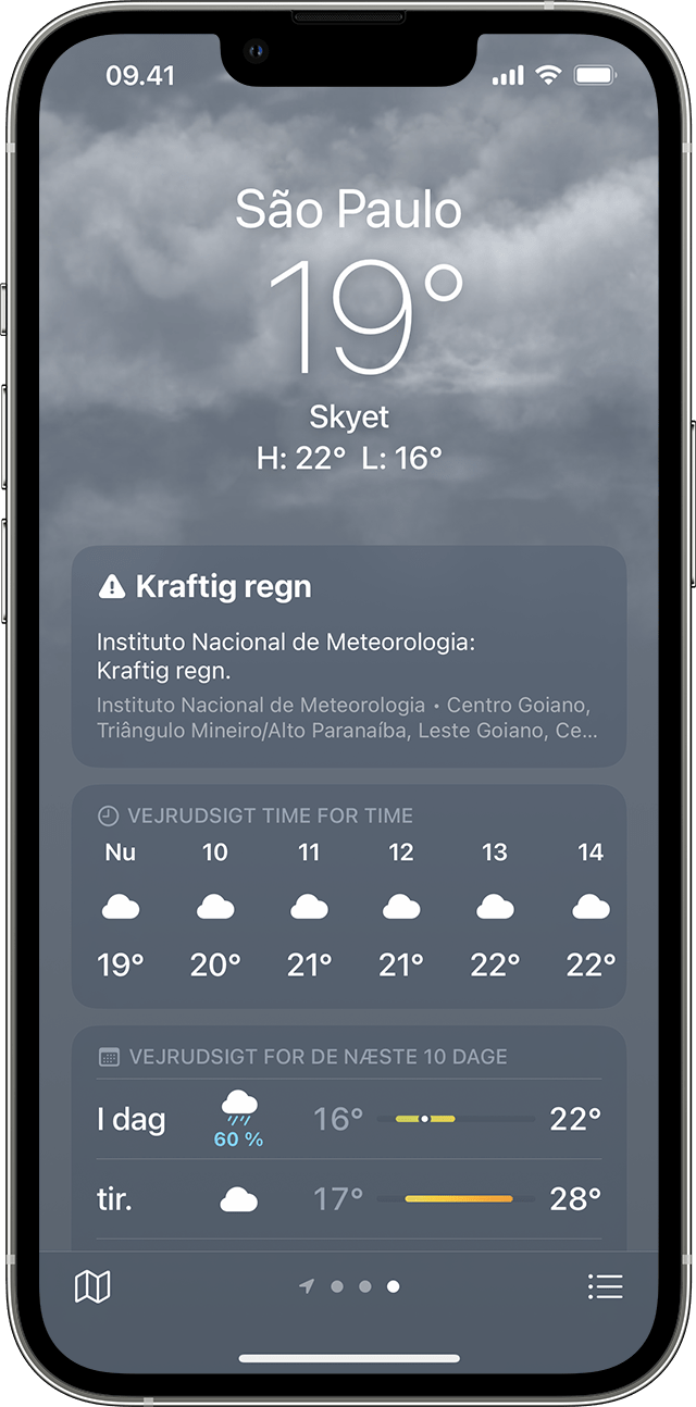 iPhone med en visning af oplysninger om alvorligt vejr i appen Vejr.