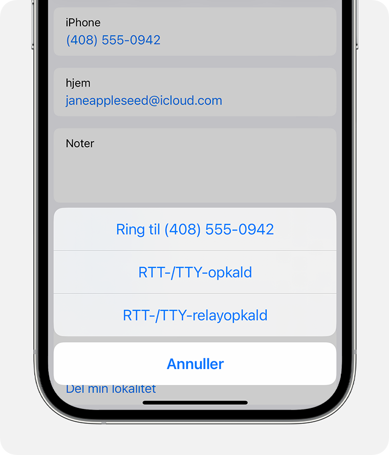 iPhone-skærm med visning af menuen til at vælge RTT/TTY-opkald eller RTT/TTY-relayopkald