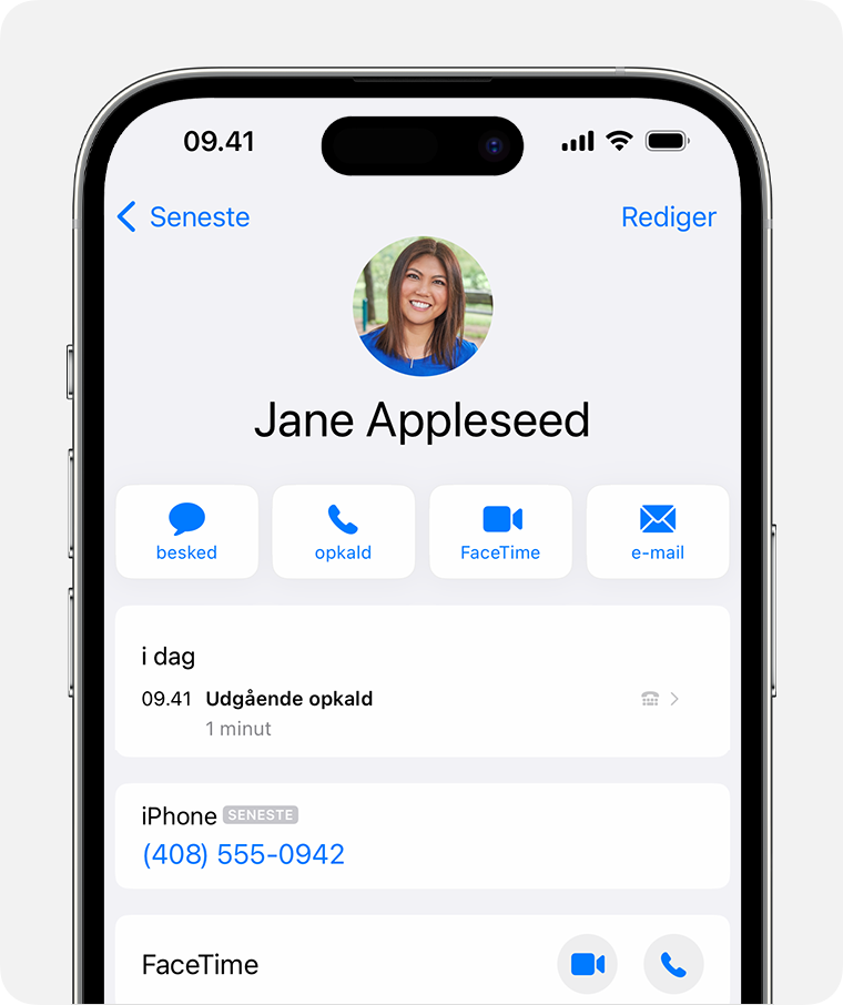 iPhone-skærm med visning af opkaldshistorikken for en kontakt
