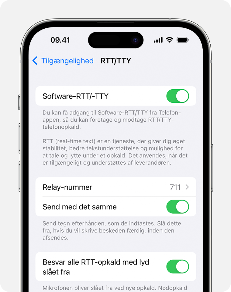 iPhone-skærm med RTT/TTY slået til