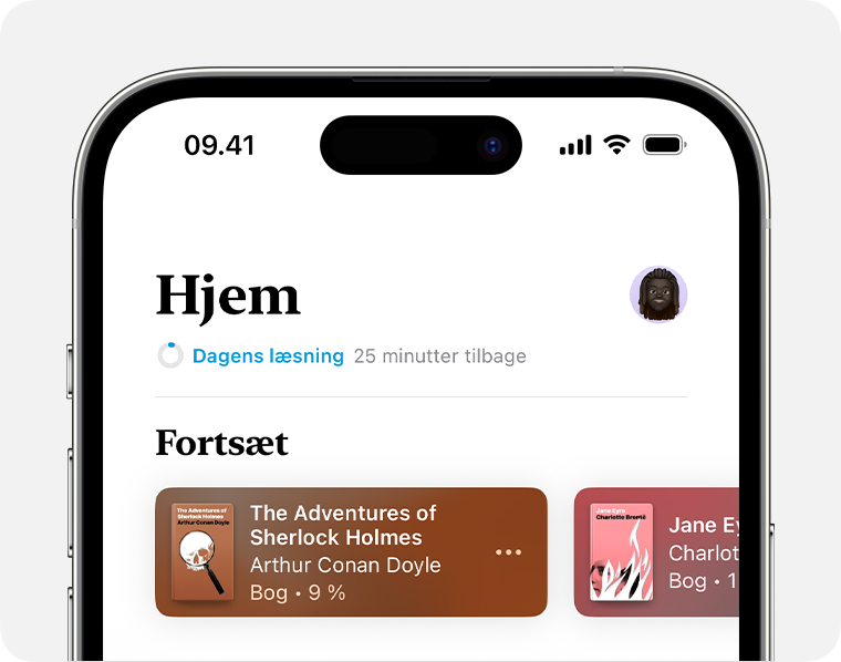 iPhone-skærm, der viser sektionen Hjem i appen Bøger 