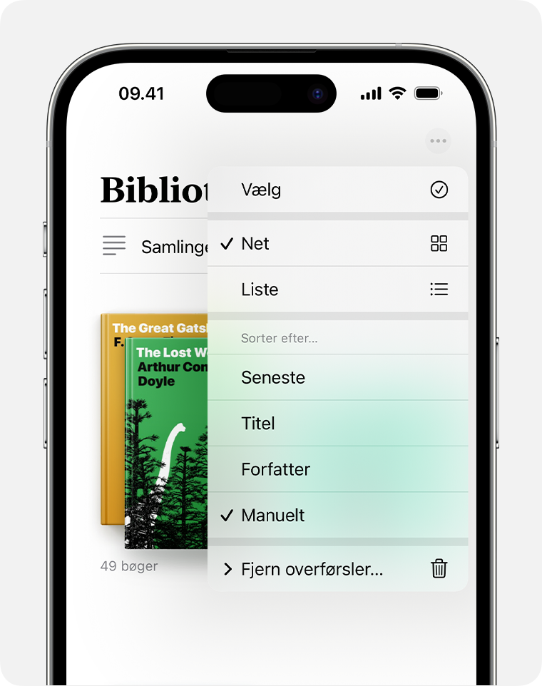 iPhone-skærm, der viser organiseringsmulighederne i appen Bøger 