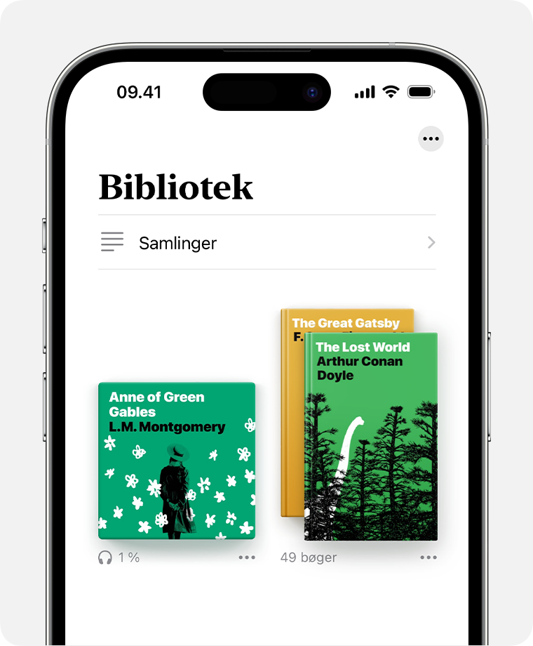 iPhone-skærm, der viser sektionen Bibliotek i appen Bøger. 
