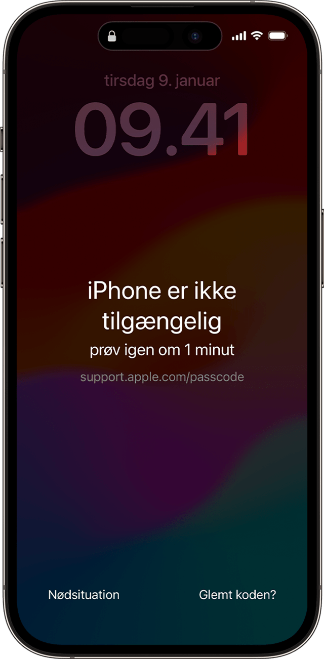 Skærmen iPhone ikke tilgængelig i iOS 17 eller nyere versioner indeholder muligheden Glemt koden? .