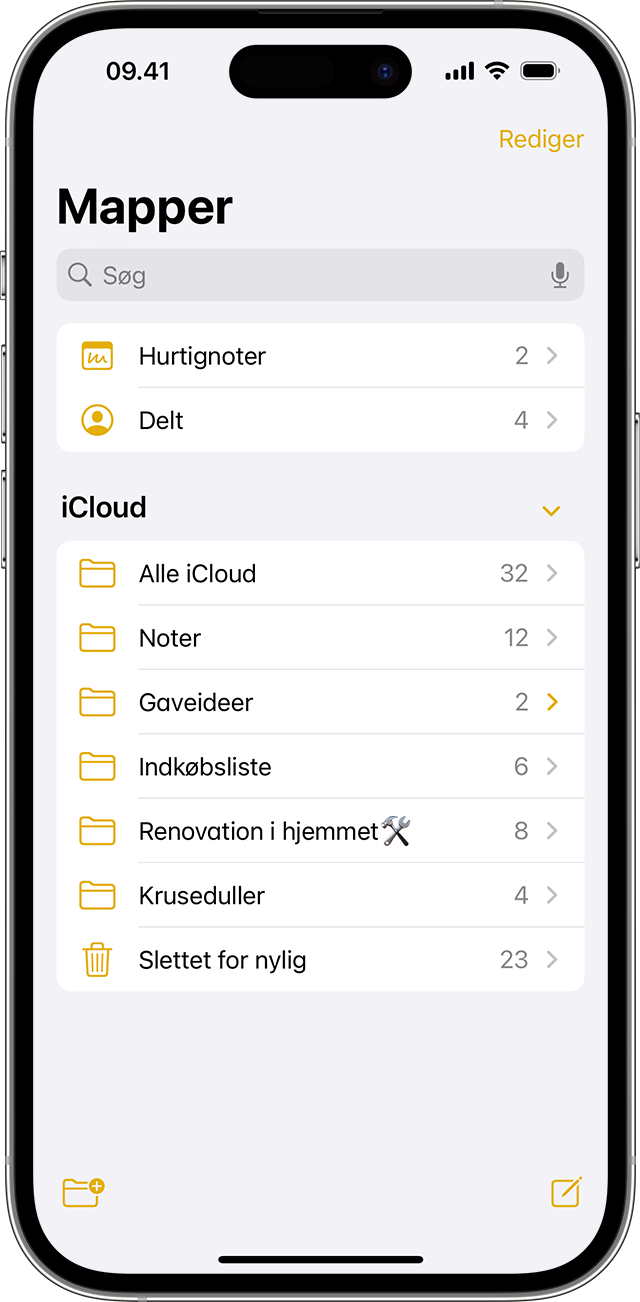 iPhone, der viser, hvordan du opretter en mappe i appen Noter.