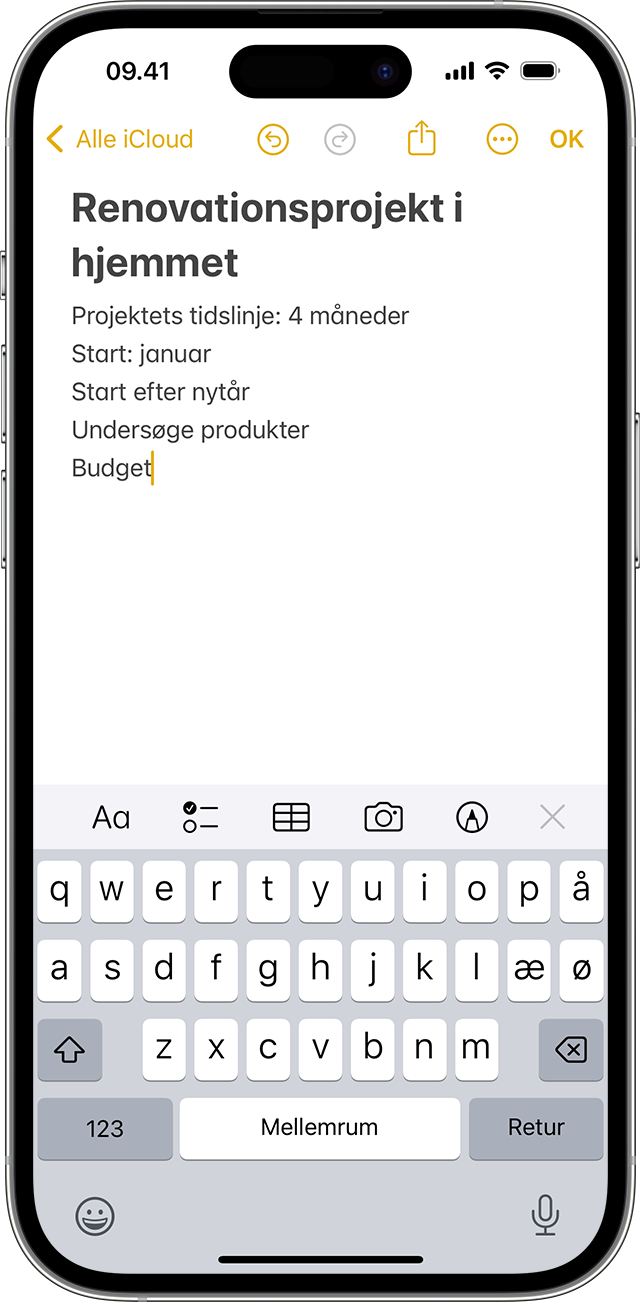 iPhone, der viser, hvordan du opretter en note i appen Noter.