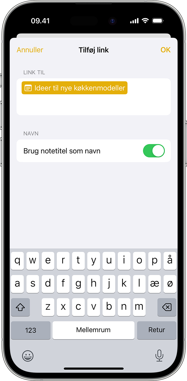 Mulighederne for at tilføje et link i Noter på din iPhone med iOS 17 eller nyere.