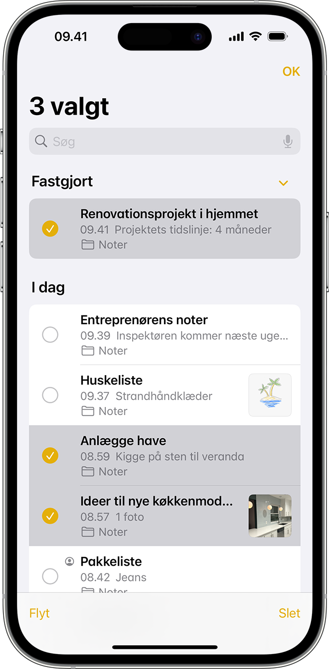 iPhone, der viser, hvordan du flytter en note til en anden mappe i appen Noter.