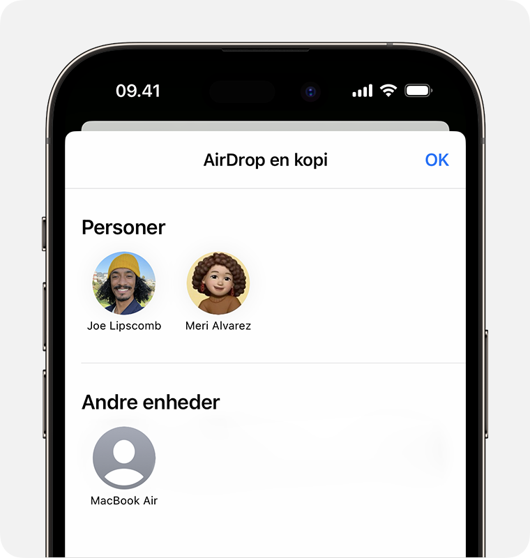 En iPhone, der viser skærmen AirDrop en kopi med personer og enheder, du kan vælge.