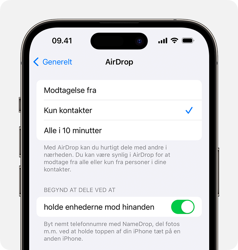 En iPhone, der viser AirDrop-indstillinger, hvor Kun kontakter er valgt.