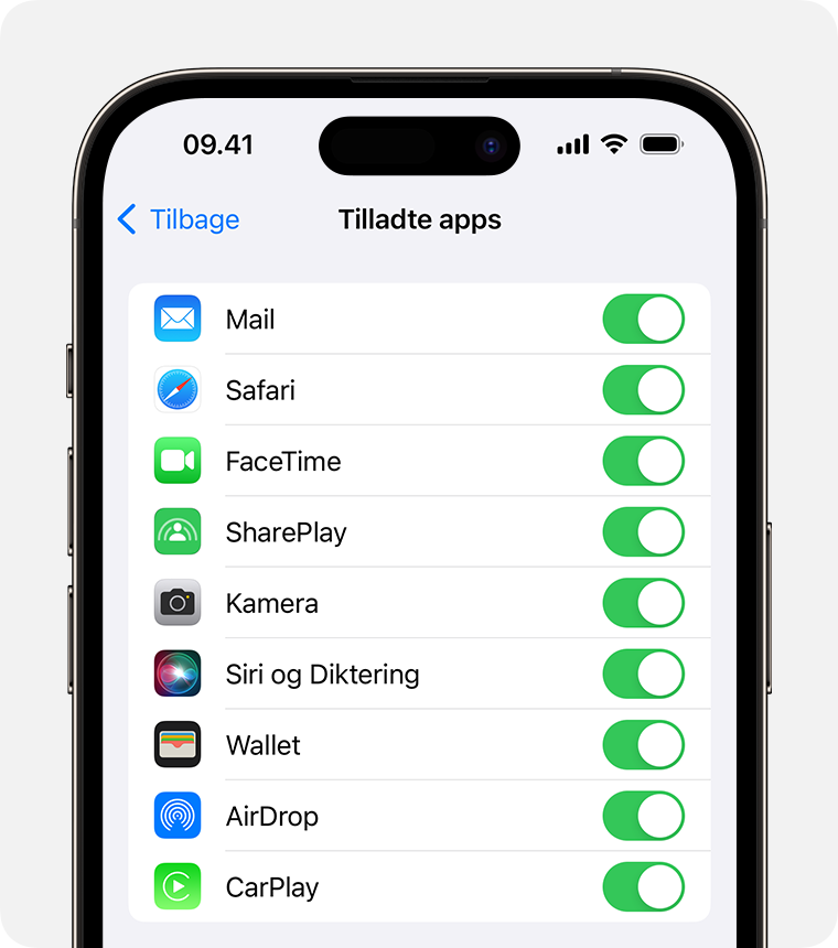 iPhone-skærm, der viser Tilladte apps 