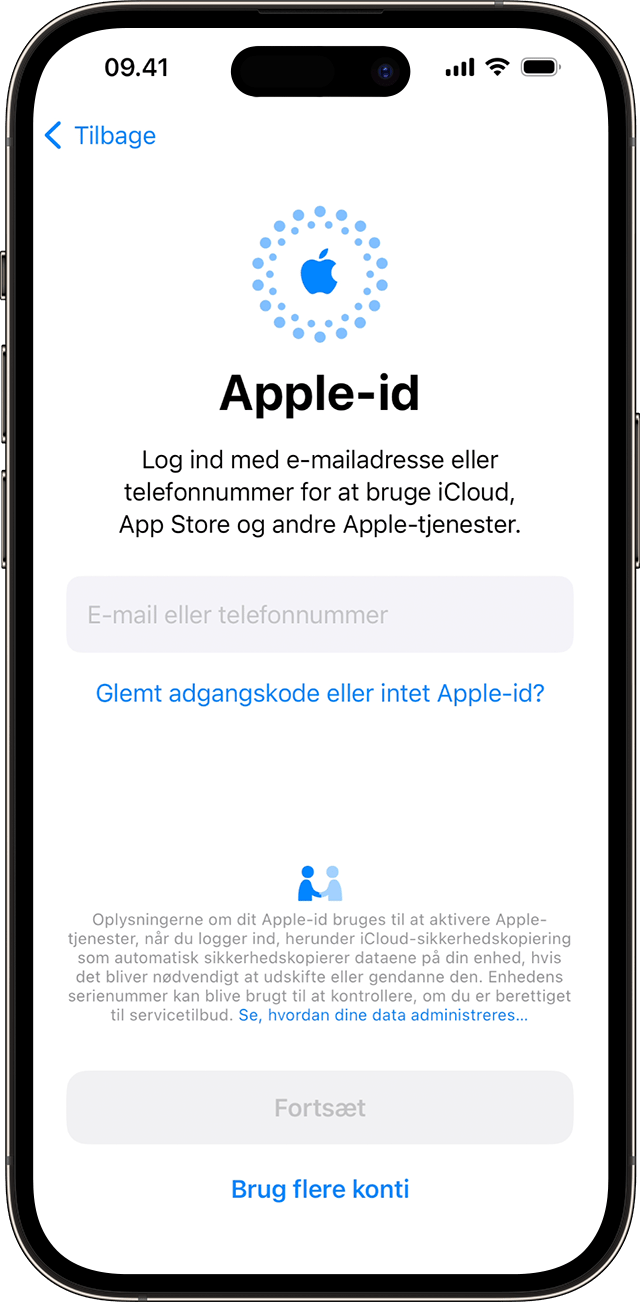 Brug din e-mailadresse eller dit telefonnummer til at logge ind med dit Apple-id under konfigurationen af din iPhone i iOS 17.