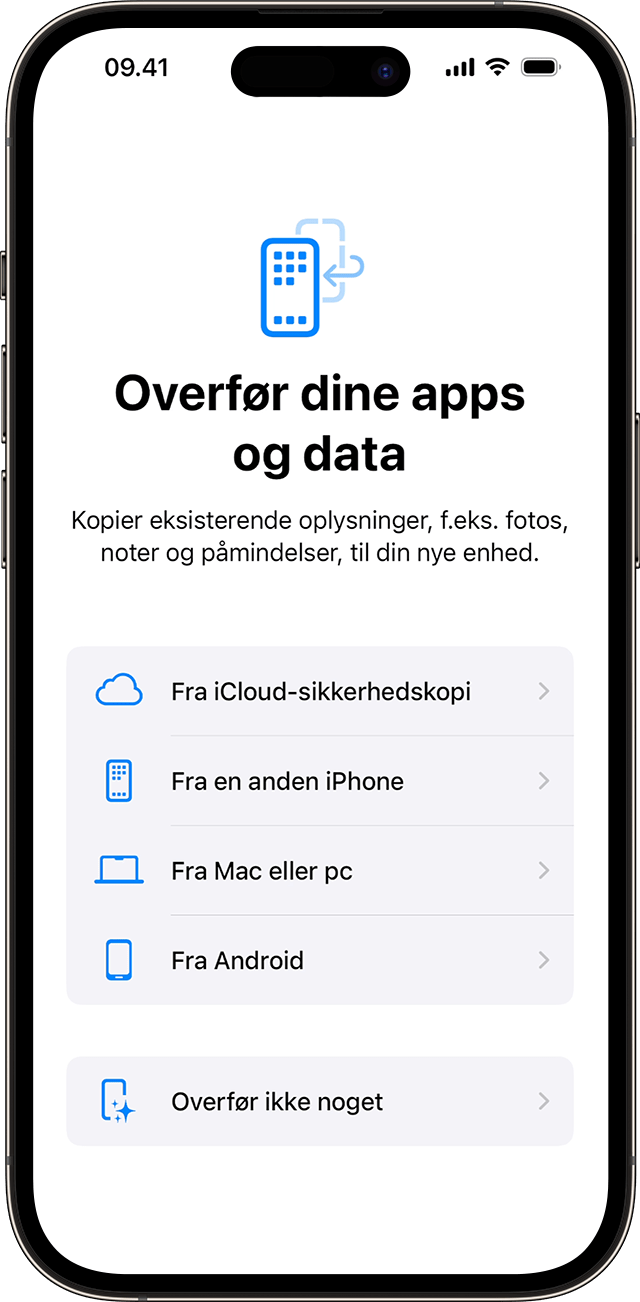 Indstillingerne Overfør dine apps og data, når du konfigurerer en iPhone i iOS 17