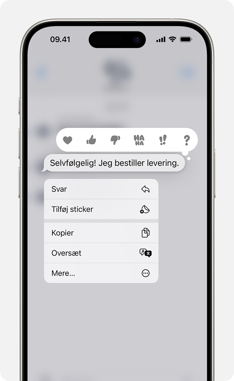 iPhone, der viser en menu med integrerede svar, når du trykker og holder nede på en beskedboble for at sende et integreret svar