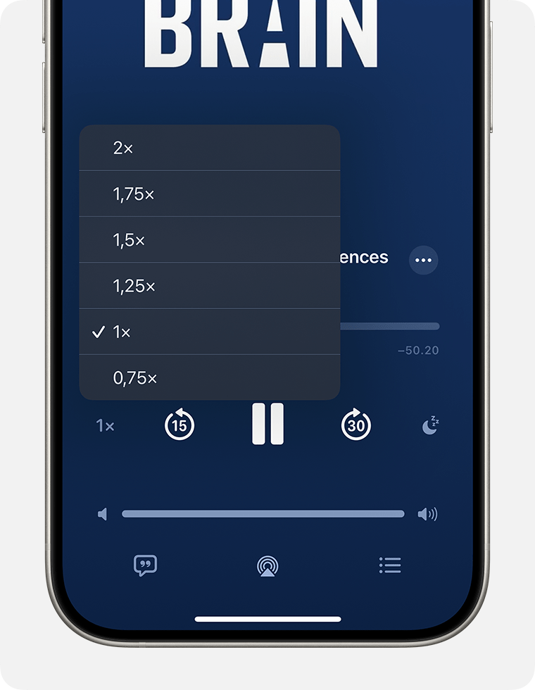 På en iPhone vises miniafspilleren til Podcasts. Nederst til venstre på afspilleren er knappen Afspilningshastighed, der ligner "1x", valgt, og menuen Afspilningshastighed er åben. Valgmulighederne i menuen er 2x, 1,75x, 1,5x, 1,25x, 1x, og 0,75x. 1x er valgt som standard.