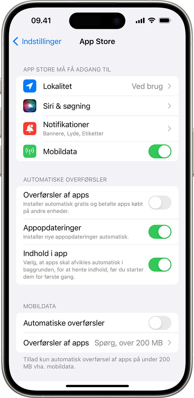 iPhone, der viser App Store-indstillinger i Indstillinger, herunder Appopdateringer.