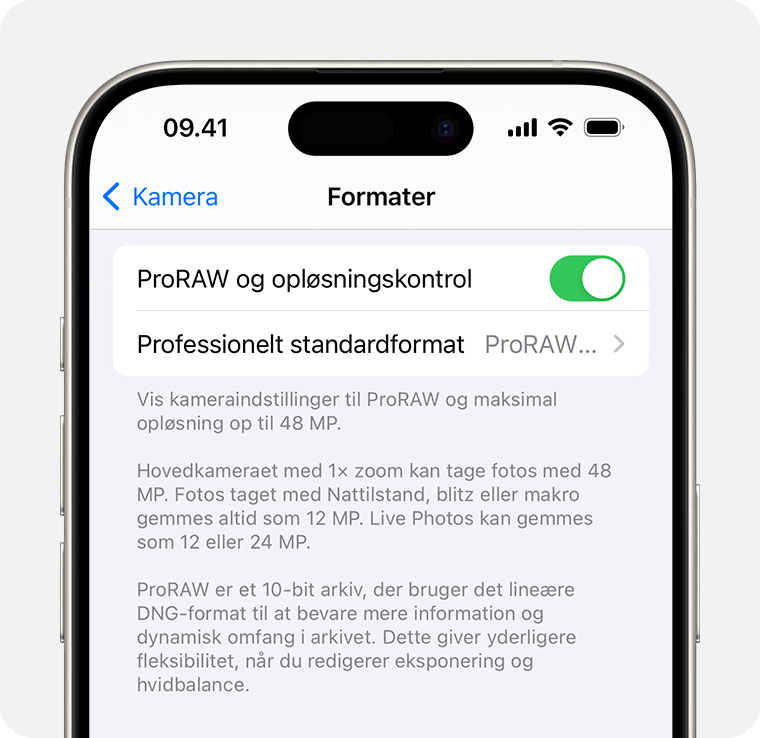 I iOS 17 kan du indstille ProRAW-opløsningen til enten 12 MP eller 48 MP.